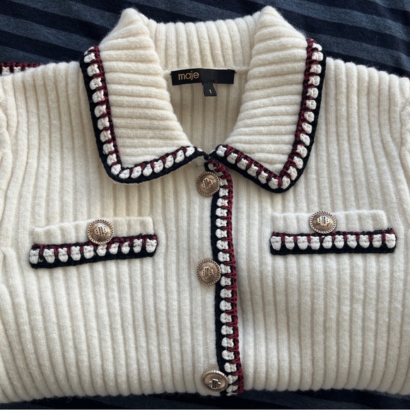 Maje Cream Ribbed Knit Blazer with Black and Burgundy Trim - Picture 3 of 5